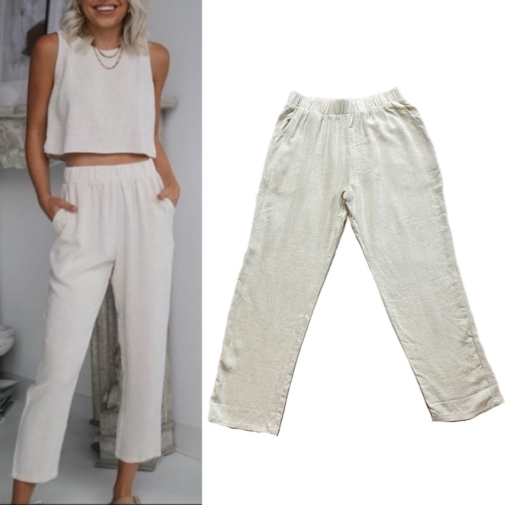 Candidly Chan Linen Coastal Neutral Tapered Pull on Pants S